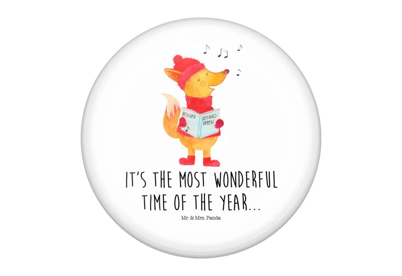 Mr. & Mrs. Panda Anstecknadel Fuchs Sänger - Weiß - Geschenk, Singen, Weihnachtsdeko, Button-Logo 5 (Packung, 1-tlg., 50mm Button Fuchs Sänger), Edles Erscheinungsbild von Mr. & Mrs. Panda
