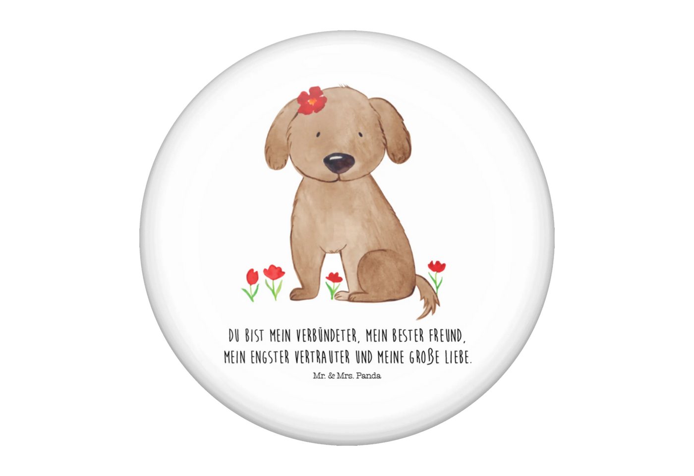 Mr. & Mrs. Panda Anstecknadel Hund Dame - Weiß - Geschenk, Button-Presse 50 mm, Hundeglück, Haustie (Packung, 1-tlg., 50mm Button Hund Hundedame), Einzigartige Designs von Mr. & Mrs. Panda