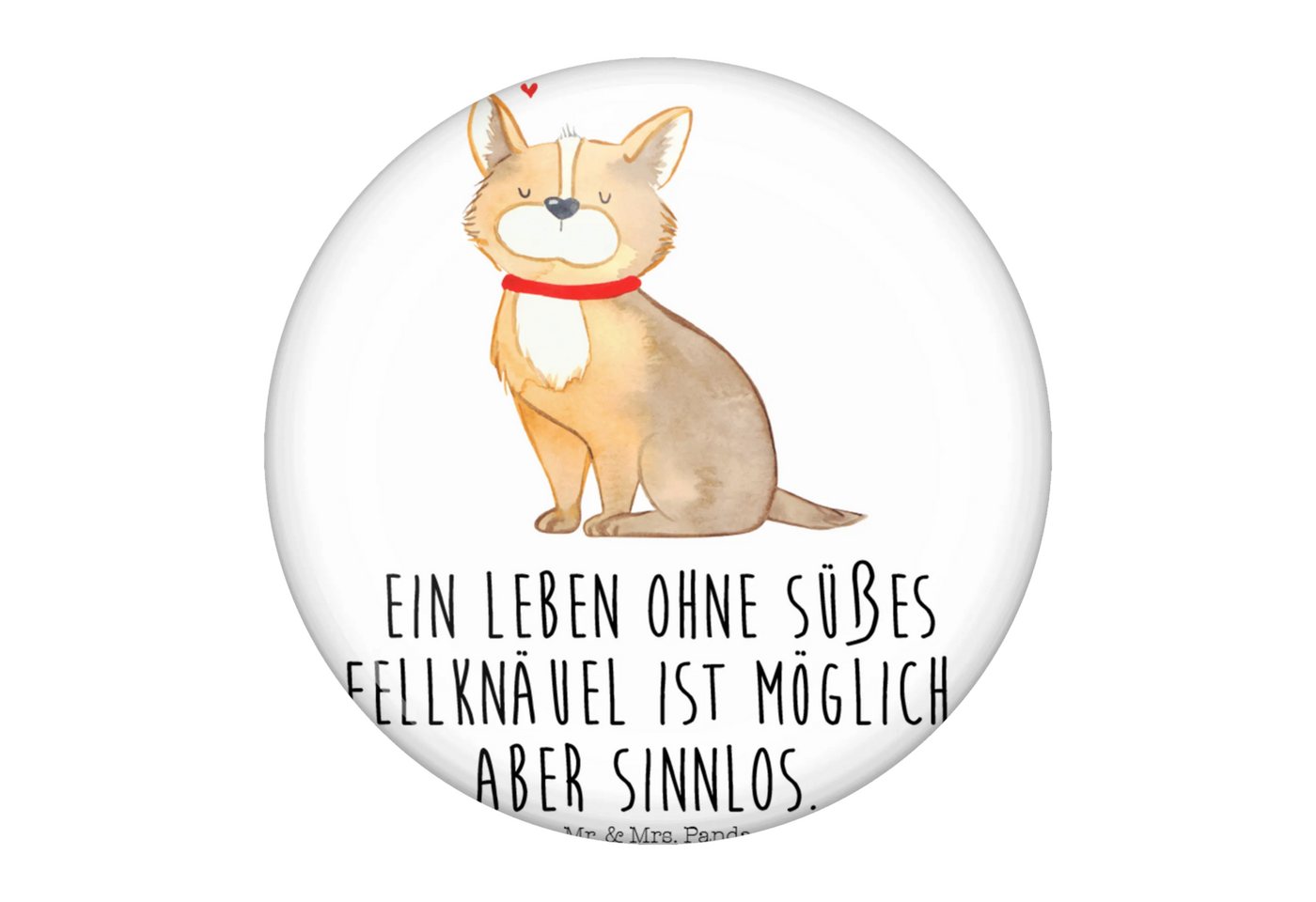 Mr. & Mrs. Panda Anstecknadel Hund Glück - Weiß - Geschenk, Button-Presse 50 mm, Festivalbutton 50 (Packung, 1-tlg., 50mm Button Hundeglück), Charmante Sprüche von Mr. & Mrs. Panda