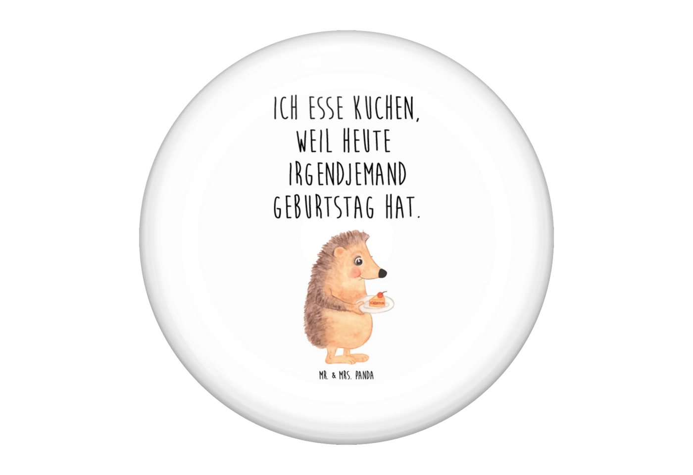 Mr. & Mrs. Panda Anstecknadel Igel Kuchenstück - Weiß - Geschenk, Button-Button 50 mm, Button-Kolle (Packung, 1-tlg., 50mm Button Igel mit Kuchenstück), Einzigartige Designs von Mr. & Mrs. Panda