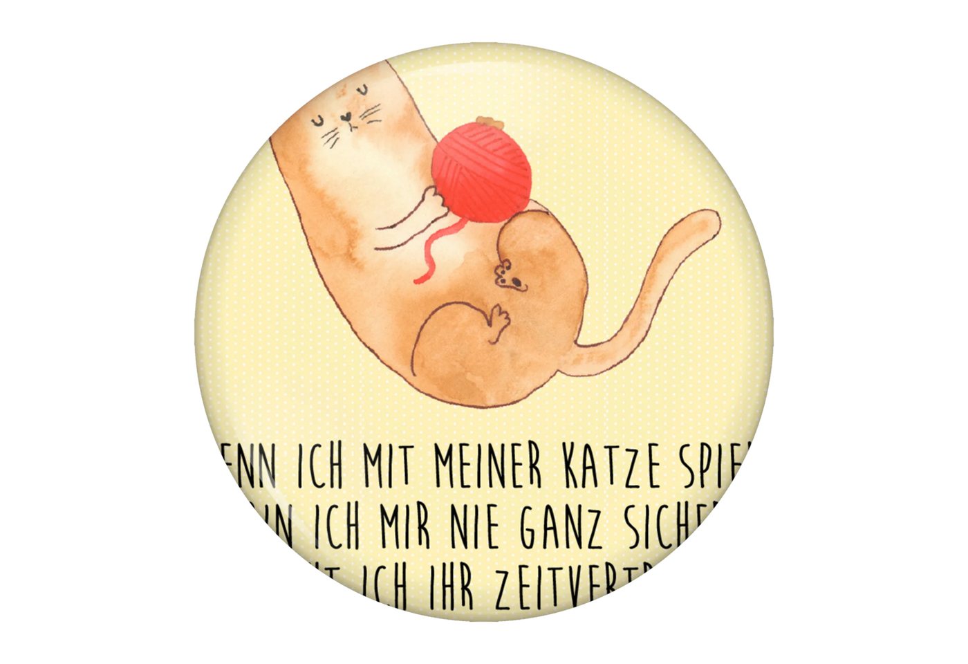 Mr. & Mrs. Panda Anstecknadel Katze Wolle - Gelb Pastell - Geschenk, Button-Pin 50 mm, Festivalbutt (Packung, 1-tlg., 50mm Button Katzen Wollknäul), Stabile Anstecknadel von Mr. & Mrs. Panda