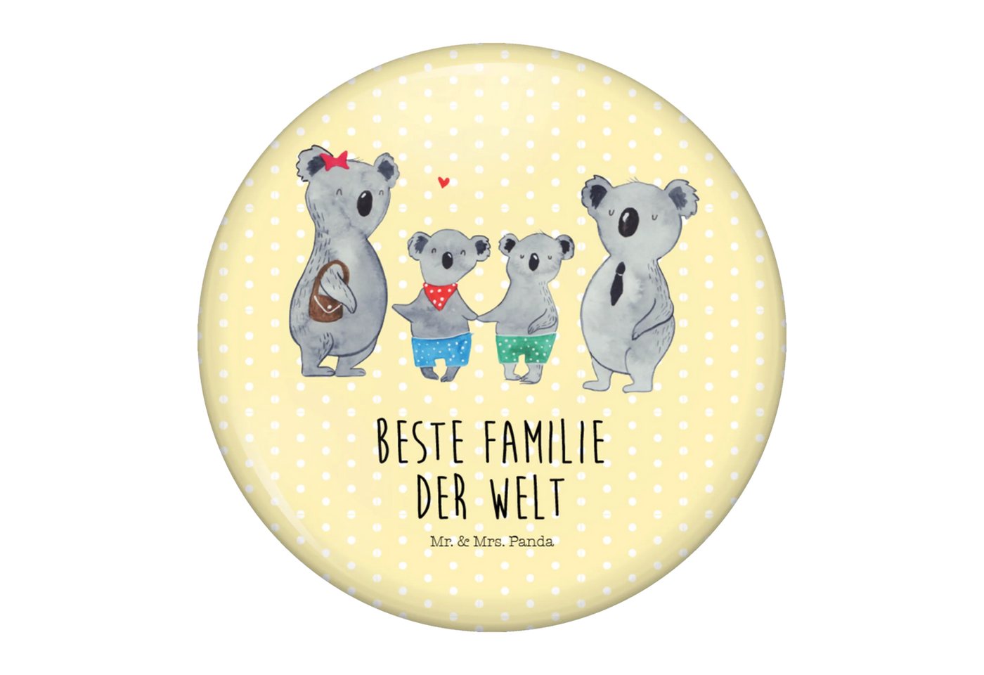 Mr. & Mrs. Panda Anstecknadel Koala Familie zwei - Gelb Pastell - Geschenk, Button-Pin 50 mm, Butto (Packung, 1-tlg., 50mm Button Koala Familie zwei), Edles Erscheinungsbild von Mr. & Mrs. Panda