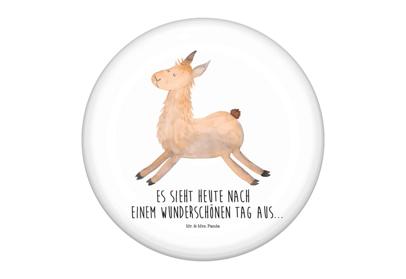 Mr. & Mrs. Panda Anstecknadel Lama Springen - Weiß - Geschenk, Button-Sujet 50 mm, Happy day, Butto (Packung, 1-tlg., 50mm Button Lama springend), Einzigartige Designs von Mr. & Mrs. Panda