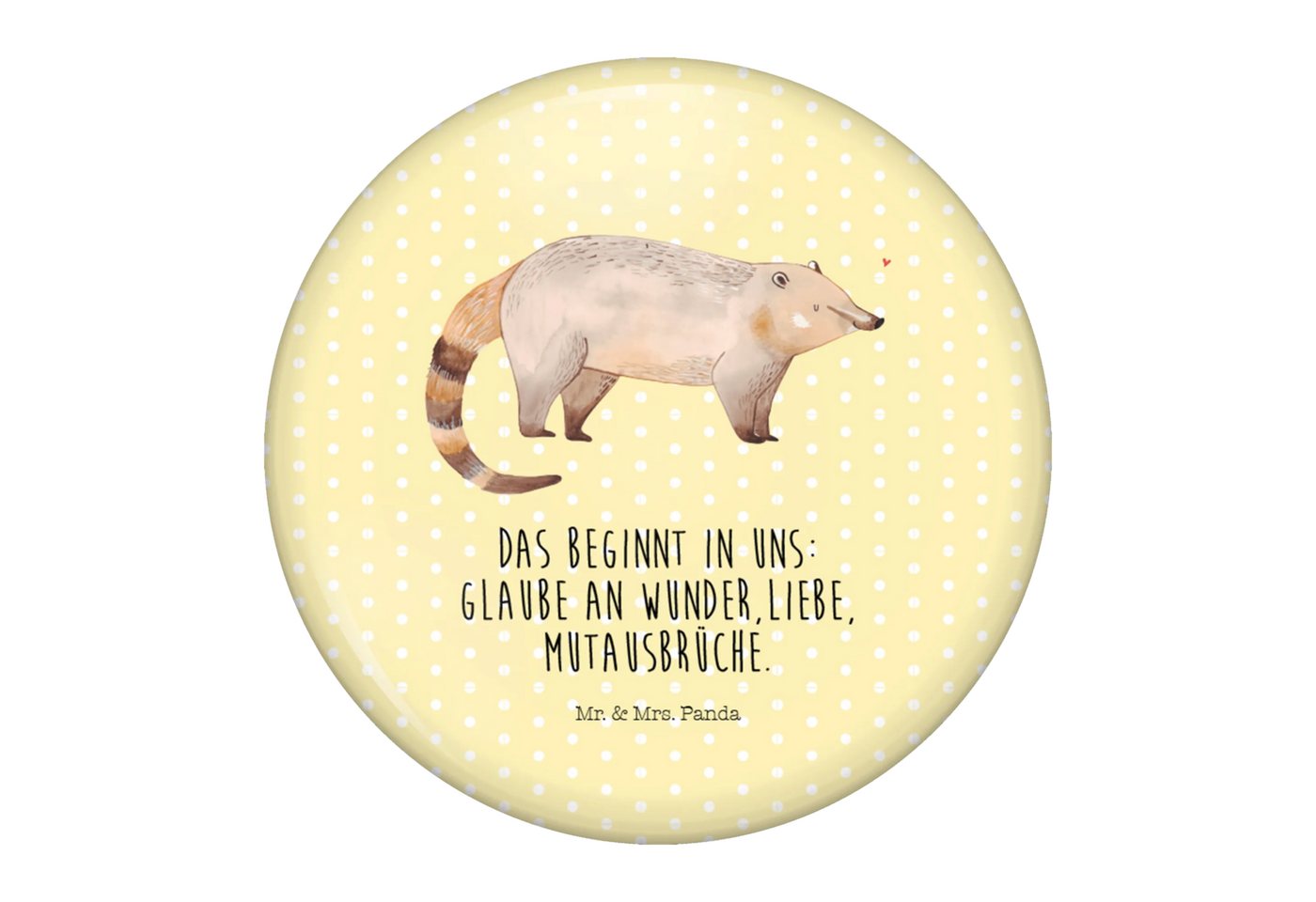 Mr. & Mrs. Panda Anstecknadel Nasenbaer - Gelb Pastell - Geschenk, Nasenbären, Tiermotive, lustige (Packung, 1-tlg., 50mm Button Nasenbaer), Einzigartige Designs von Mr. & Mrs. Panda