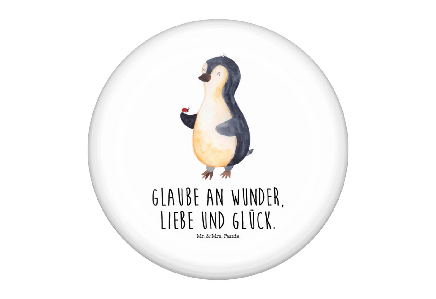 Mr. & Mrs. Panda Anstecknadel Pinguin Marienkäfer - Weiß - Geschenk, Freude, Button-Edition 50 mm, (Packung, 1-tlg., 50mm Button Pinguin Marienkäfer), Edles Erscheinungsbild von Mr. & Mrs. Panda