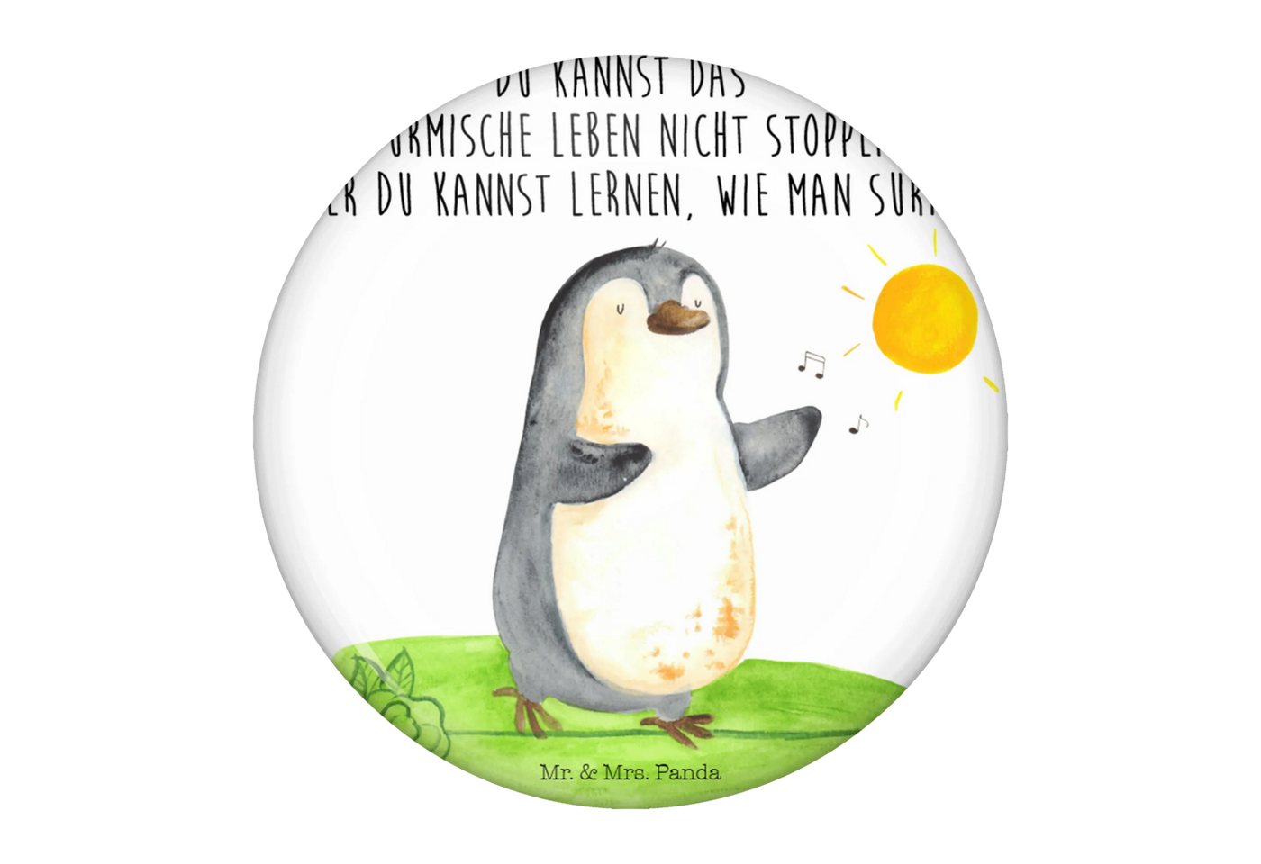 Mr. & Mrs. Panda Anstecknadel Pinguin Surfer - Weiß - Geschenk, Button-Edition 50 mm, Wellen reiten (Packung, 1-tlg., 50mm Button Pinguin Surfer), Charmante Sprüche von Mr. & Mrs. Panda