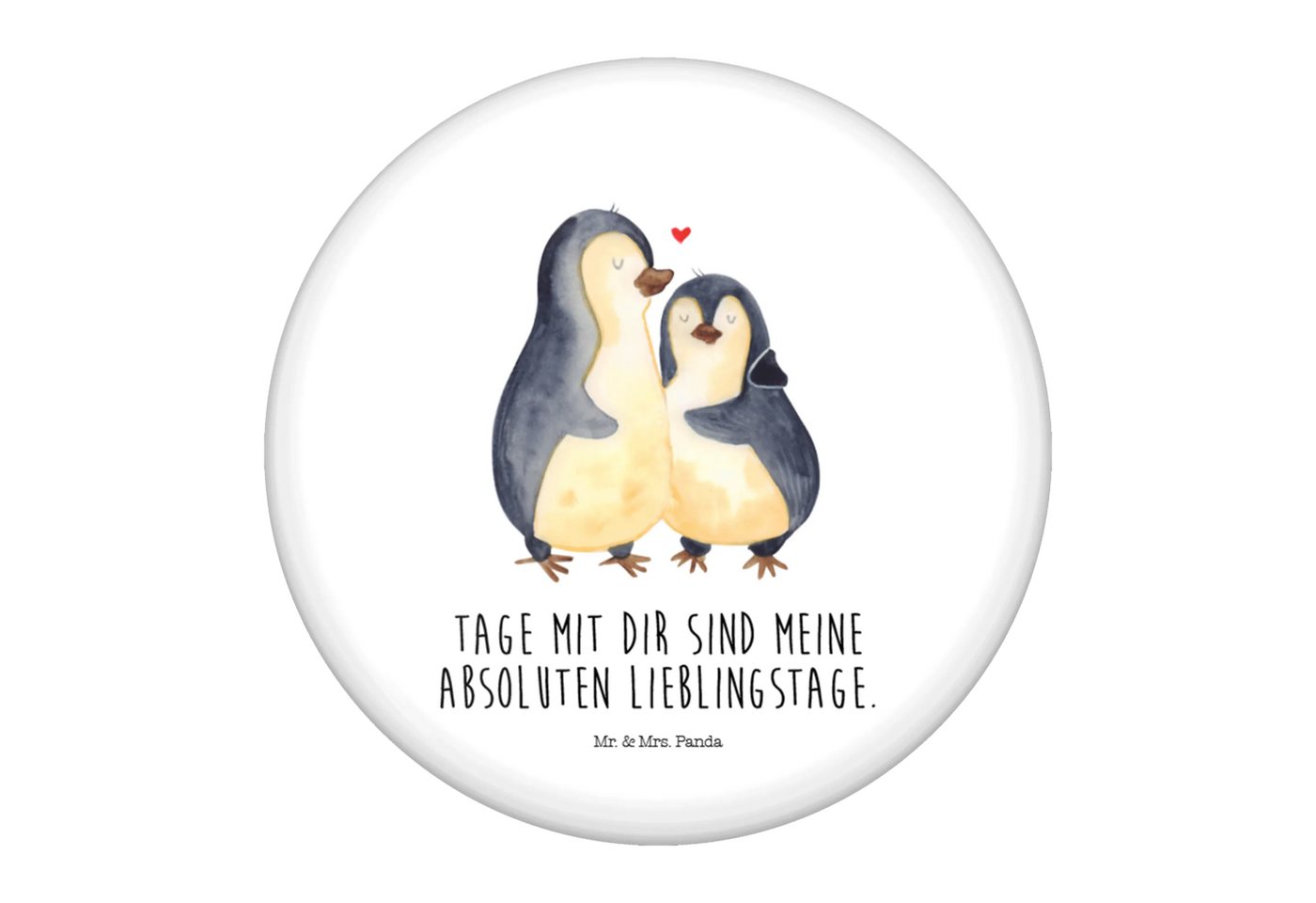 Mr. & Mrs. Panda Anstecknadel Pinguin umarmen - Weiß - Geschenk, Button-Design 50 mm, glücklich, Ho (Packung, 1-tlg., 50mm Button Pinguin umarmend), Edles Erscheinungsbild von Mr. & Mrs. Panda