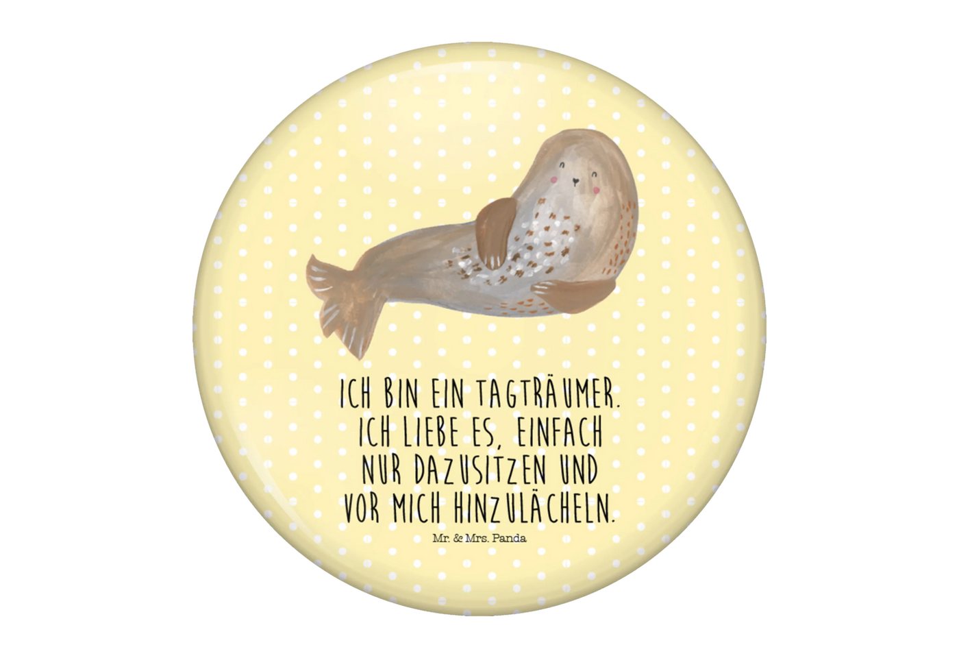 Mr. & Mrs. Panda Anstecknadel Robbe Lachen - Gelb Pastell - Geschenk, Strand, Festivalbutton 50 mm, (Packung, 1-tlg., 50mm Button Robbe lachend), Charmante Sprüche von Mr. & Mrs. Panda