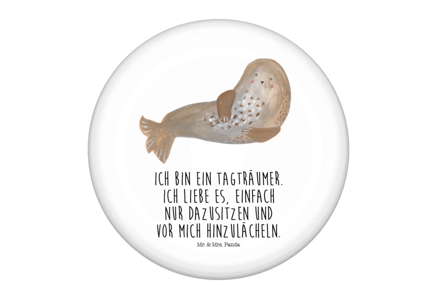Mr. & Mrs. Panda Anstecknadel Robbe Lachen - Weiß - Geschenk, Button-Presse 50 mm, lustige Sprüche, (Packung, 1-tlg., 50mm Button Robbe lachend), Einzigartige Designs von Mr. & Mrs. Panda