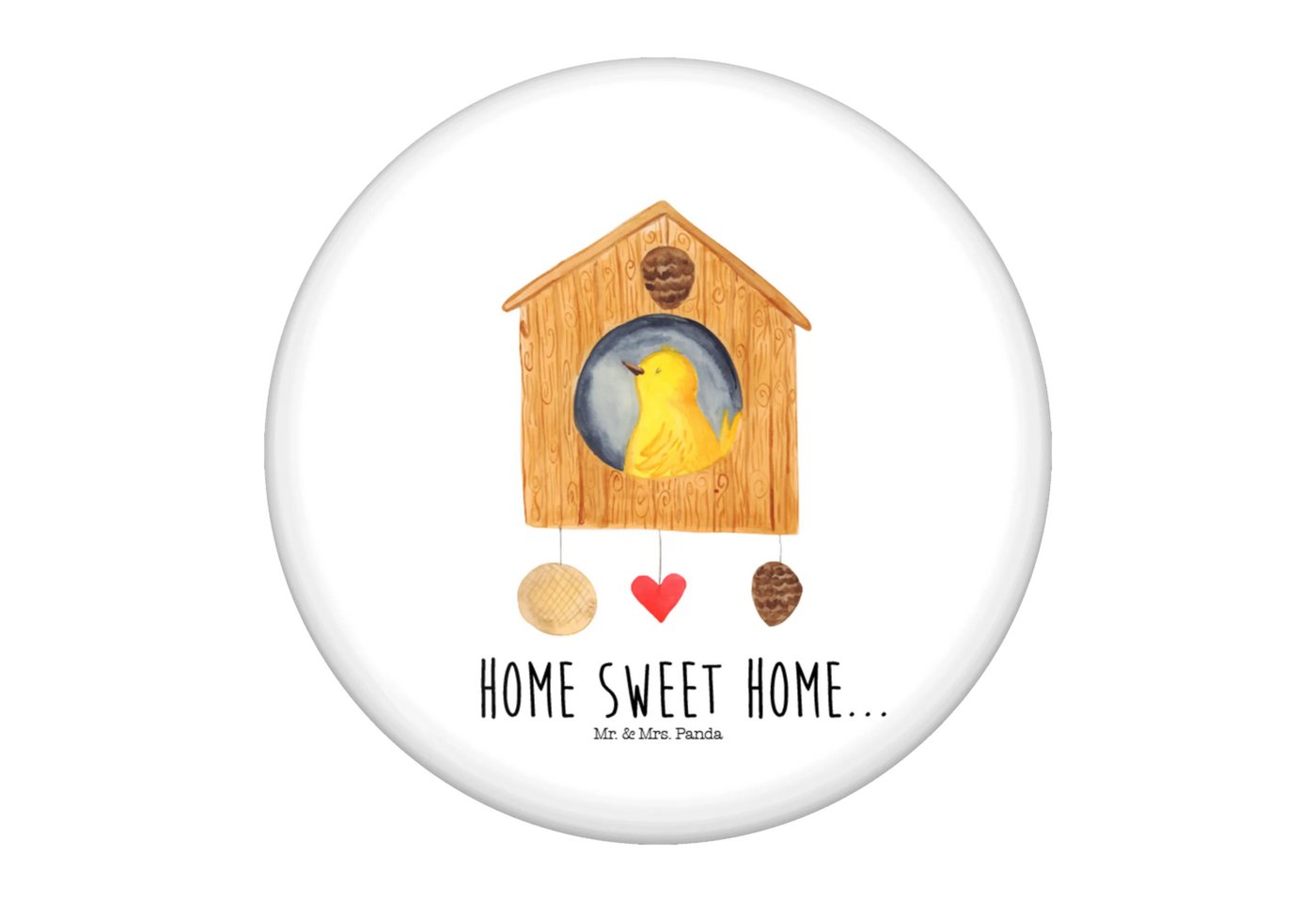 Mr. & Mrs. Panda Anstecknadel Vogelhaus Home - Weiß - Geschenk, Hausbau, Tiermotive, Button-Motiv 5 (Packung, 1-tlg., 50mm Button Vogelhaus sweet Home), Edles Erscheinungsbild von Mr. & Mrs. Panda