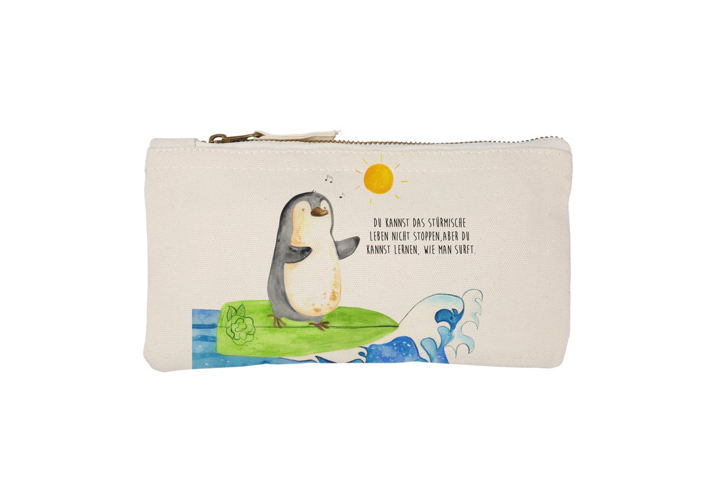 Mr. & Mrs. Panda Kosmetiktasche Pinguin Surfer - Weiß - Geschenk, Damen, optimistisch, Wellen, Stifte (1-tlg) von Mr. & Mrs. Panda