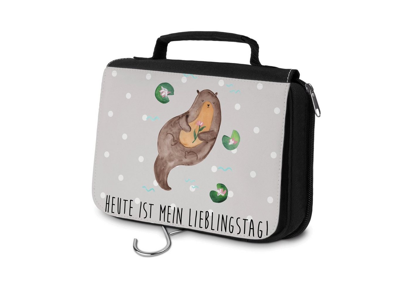 Mr. & Mrs. Panda Kulturbeutel Otter mit Seerose - Grau Pastell - Geschenk, Wasser, Herren, Otter Se (1-tlg) von Mr. & Mrs. Panda