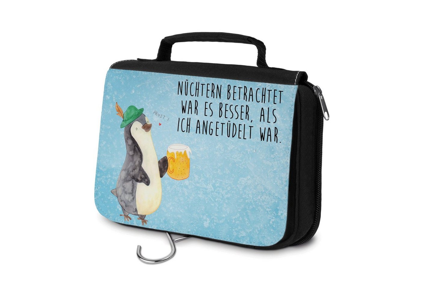 Mr. & Mrs. Panda Kulturbeutel Pinguin Bier - Eisblau - Geschenk, Zum Aufhängen, Damen, Oktoberfest, (1-tlg), Mehrere Fächer von Mr. & Mrs. Panda