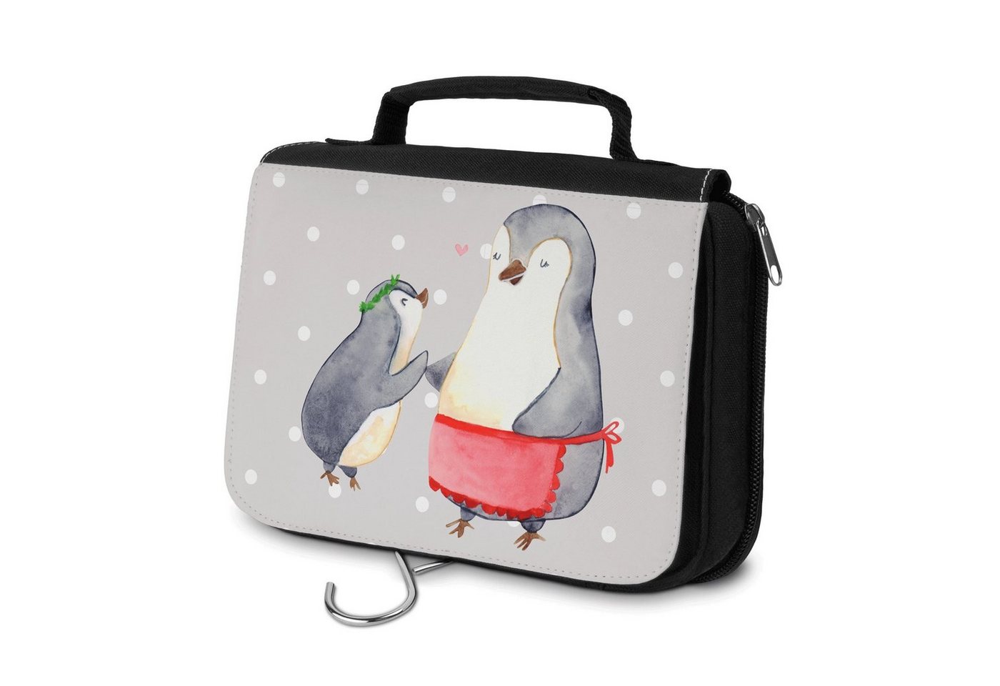 Mr. & Mrs. Panda Kulturbeutel Pinguin mit Kind - Grau Pastell - Geschenk, Mama, Waschtasche, Schmin (1-tlg), Einzigartiges Design von Mr. & Mrs. Panda