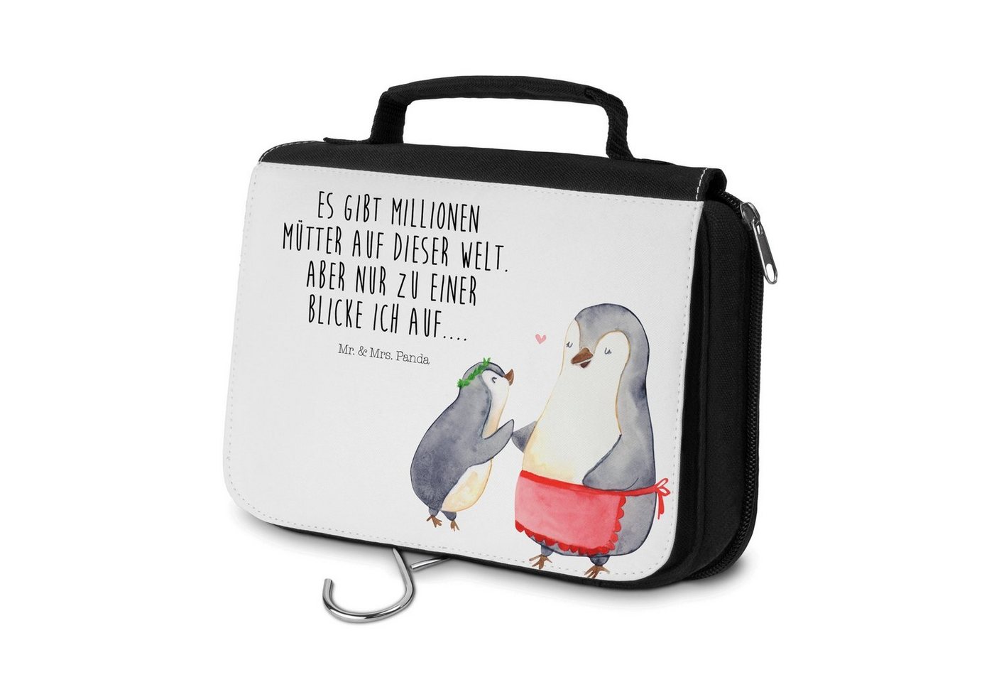 Mr. & Mrs. Panda Kulturbeutel Pinguin mit Kind - Weiß - Geschenk, Vatertag, Damen, Zum Aufhängen, B (1-tlg), Einzigartiges Design von Mr. & Mrs. Panda