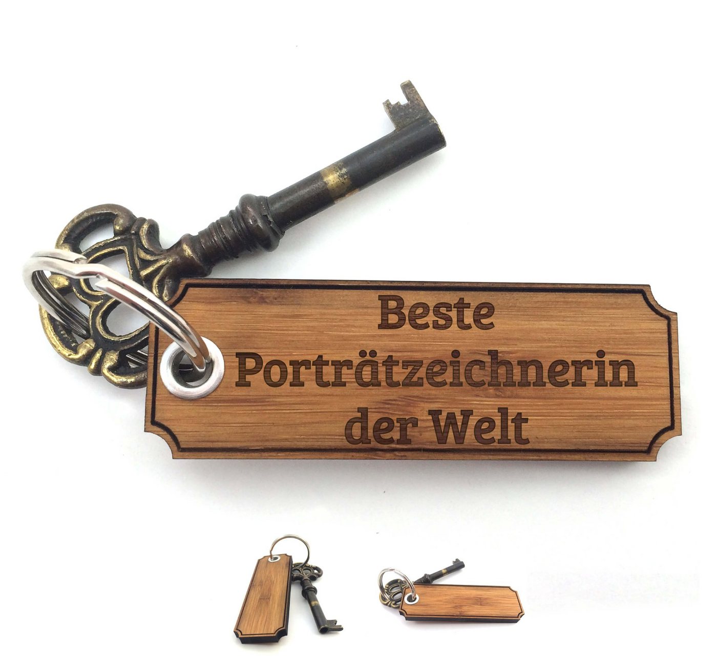 Mr. & Mrs. Panda Schlüsselanhänger Porträtzeichnerin - Bambus - Geschenk, Berufsschule, Abschluss, Gravu (1-tlg) von Mr. & Mrs. Panda