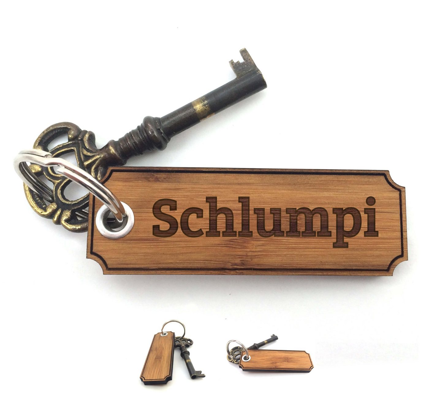 Mr. & Mrs. Panda Schlüsselanhänger Schlumpi - Bambus - Geschenk, Holz Schlüsselanhänger, Schlüsselanhäng (Packung, 1-tlg., Schlüsselanhänger Classic Gravur), Mit Naturöl versiegelt von Mr. & Mrs. Panda