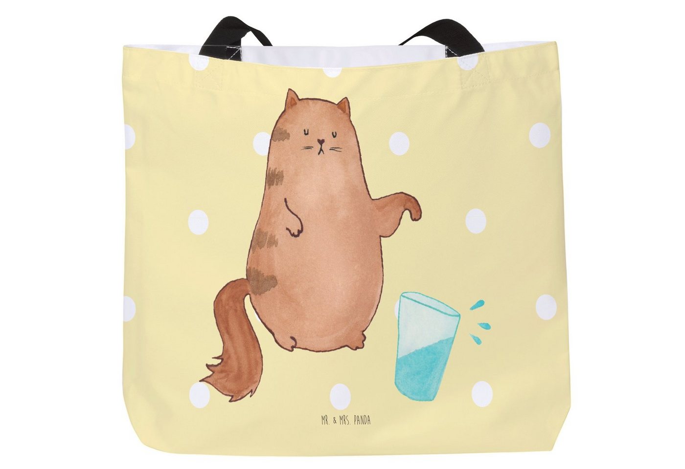 Mr. & Mrs. Panda Shopper Katze Wasserglas - Gelb Pastell - Geschenk, Kater, Katzen, Schulbeute (1-tlg), Modisches Design von Mr. & Mrs. Panda