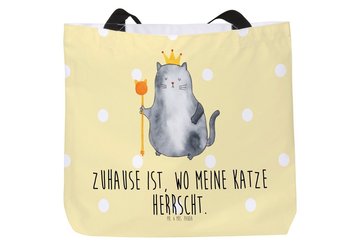 Mr. & Mrs. Panda Shopper Katze König - Gelb Pastell - Geschenk, Katzenliebhaberprodukte, Miau, (1-tlg), Trendiges Design von Mr. & Mrs. Panda