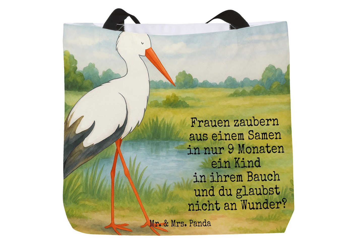 Mr. & Mrs. Panda Shopper Storch Design, Shopper, Weiß, Schultertasche, Baby, Ausflug, Mutter, (Packung, 1-tlg) von Mr. & Mrs. Panda
