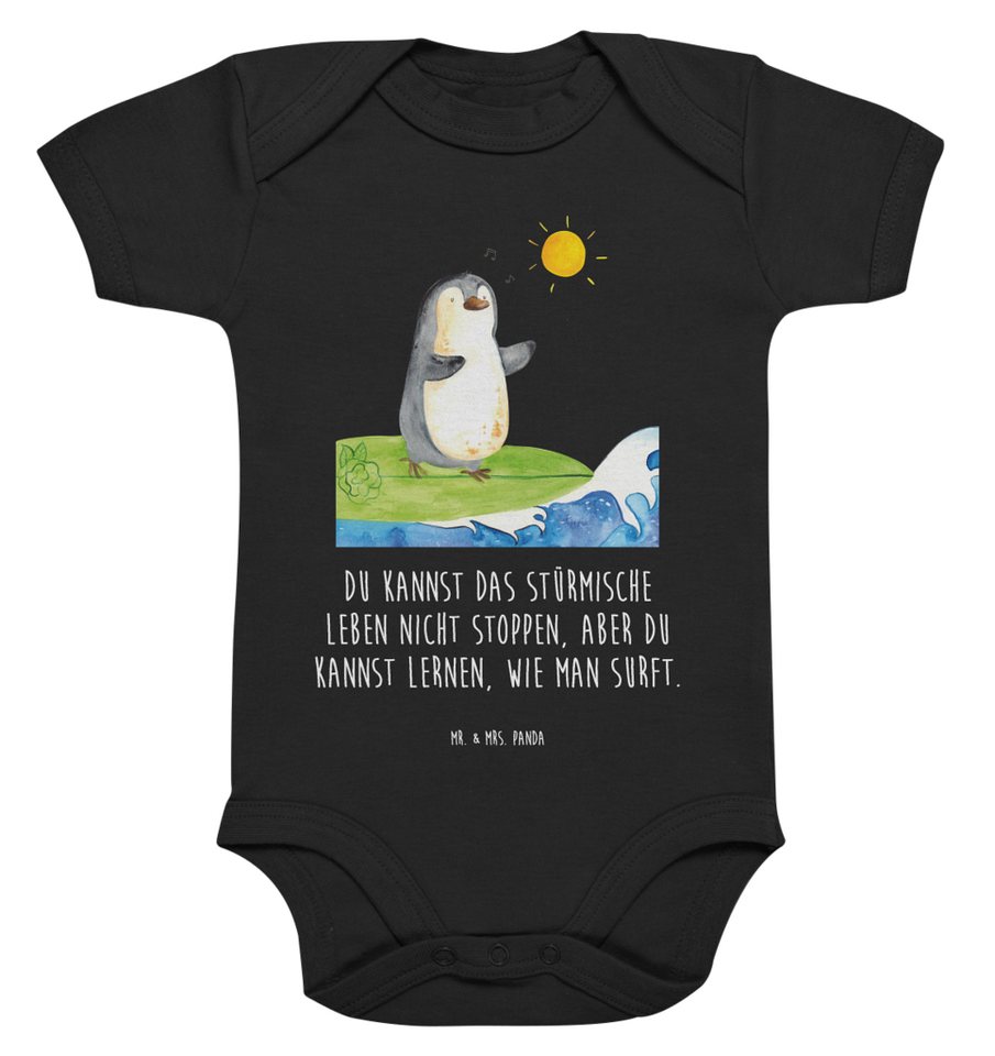 Mr. & Mrs. Panda Strampler 12. - 18. Monat Pinguin Surfer - Schwarz - Geschenk, Baby Erstausstat (1-tlg) von Mr. & Mrs. Panda