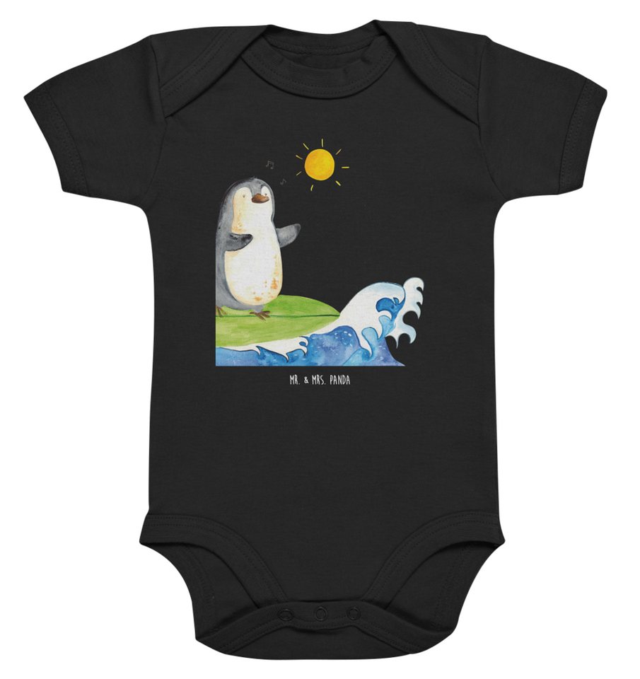 Mr. & Mrs. Panda Strampler 12. - 18. Monat Pinguin Surfer - Schwarz - Geschenk, Wickelbody, Baby (1-tlg) von Mr. & Mrs. Panda