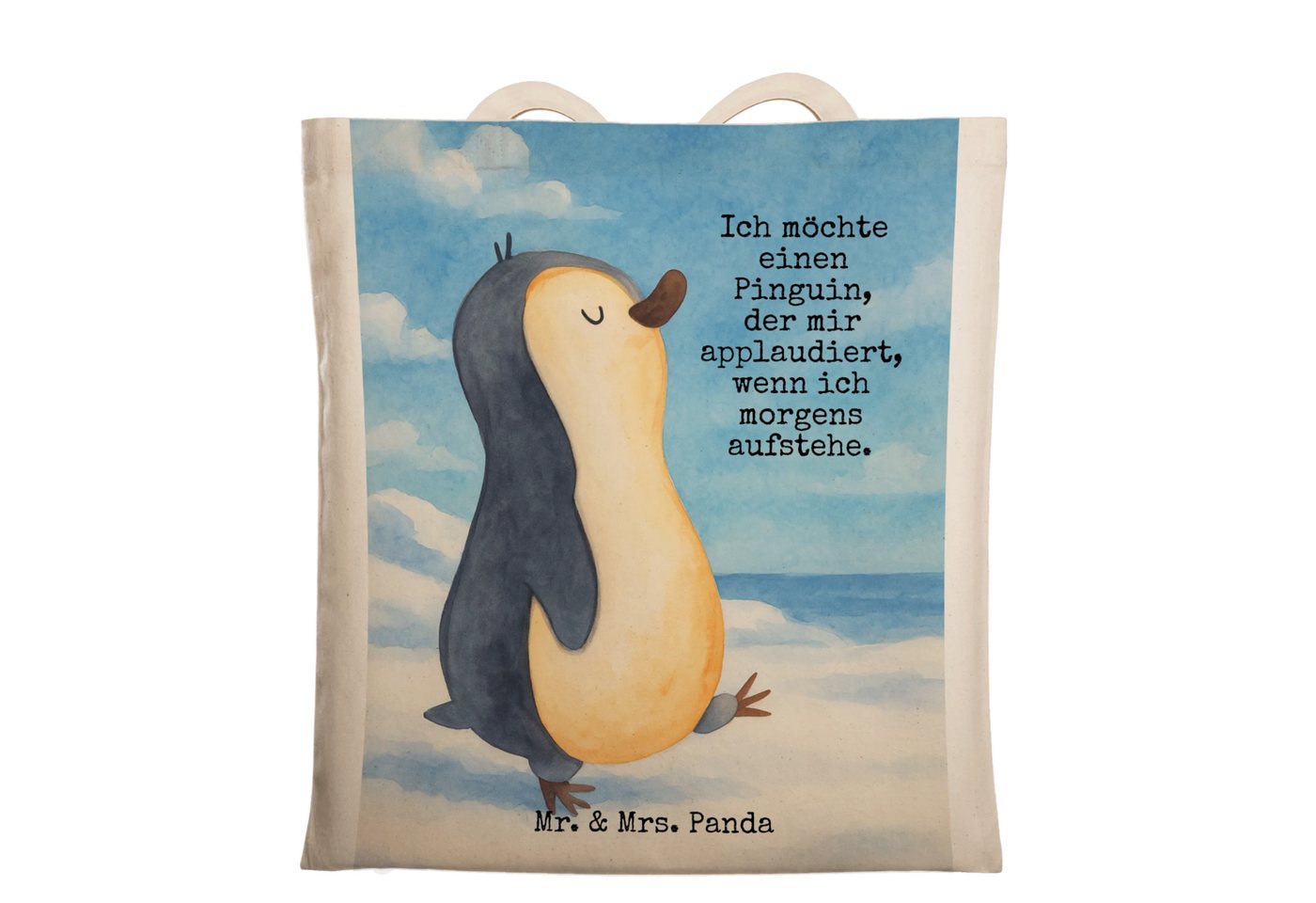 Mr. & Mrs. Panda Tragetasche Pinguin marschieren Design, Tragetasche, Weiß, Shopper, Langschläfer, (Packung, 1-tlg), Stoffbeutel Jutetasche Schultertasche von Mr. & Mrs. Panda