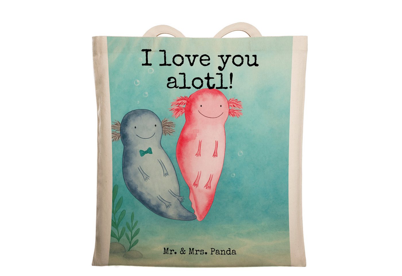 Mr. & Mrs. Panda Tragetasche Axolotl Liebe Design, Tüte, Weiß, Umhängetasche, für Männer, Jahresta (Packung, 1-tlg) von Mr. & Mrs. Panda