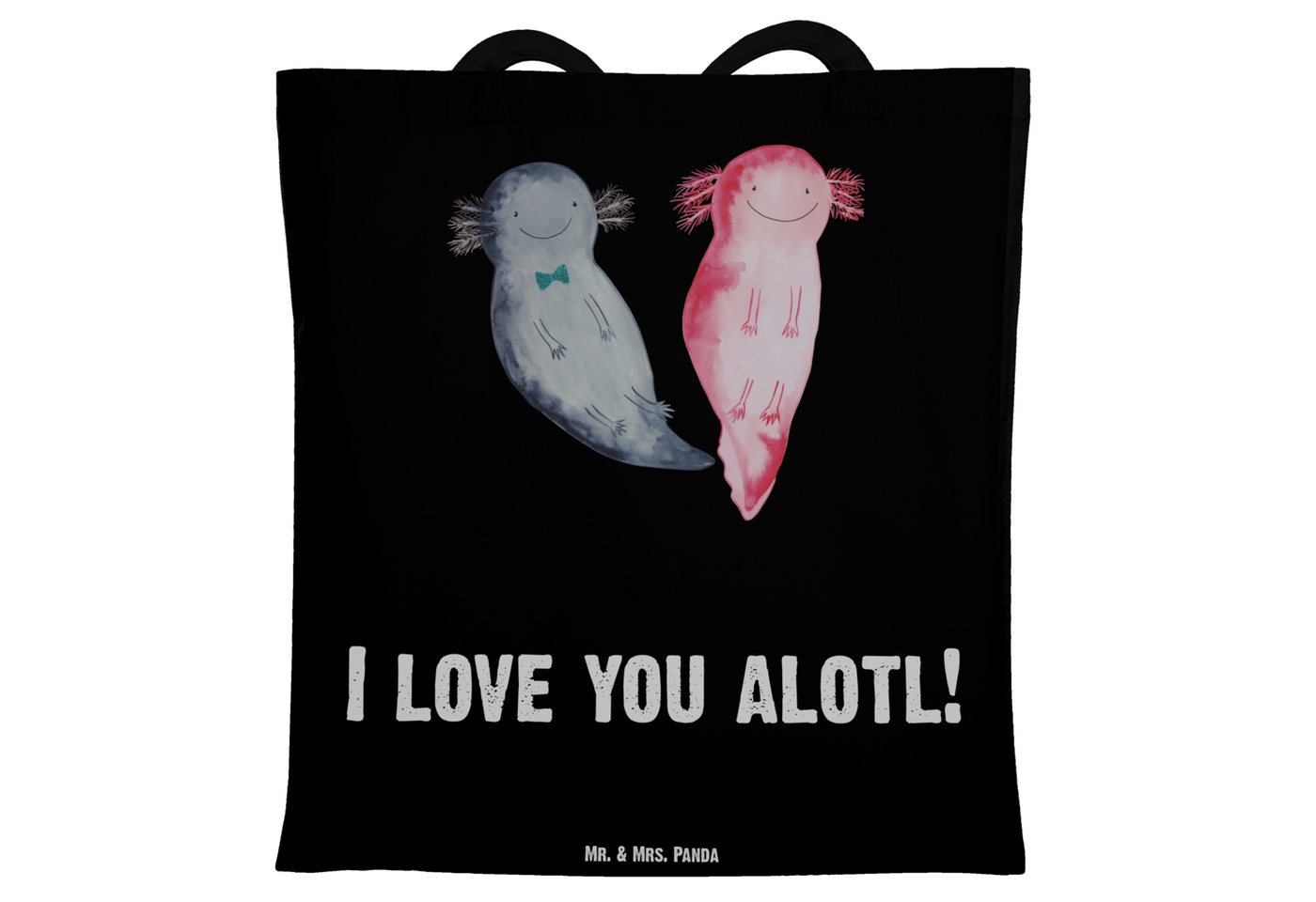 Mr. & Mrs. Panda Tragetasche Axolotl Liebe - Schwarz - Geschenk, Partner, Geschenk für Frauen, Ehe (1-tlg), Modisches Design von Mr. & Mrs. Panda