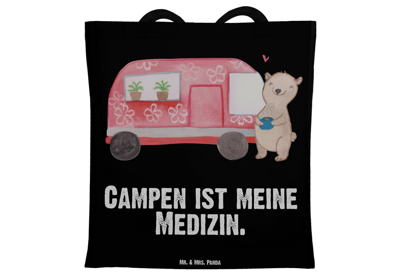 Mr. & Mrs. Panda Tragetasche Bär Camper - Schwarz - Geschenk, Zelten, Gewinn, Stoffbeutel, Beutelt (1-tlg), Lange Tragegriffe von Mr. & Mrs. Panda