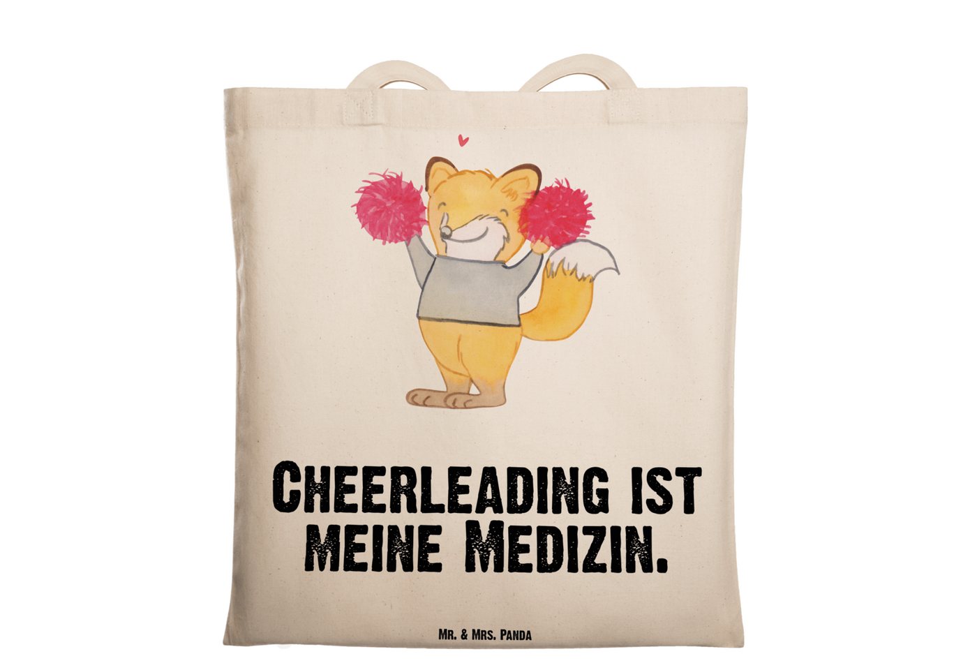 Mr. & Mrs. Panda Tragetasche Fuchs Cheerleader - Transparent - Geschenk, Sportler, Cheerleading, B (1-tlg), Design-Highlight von Mr. & Mrs. Panda