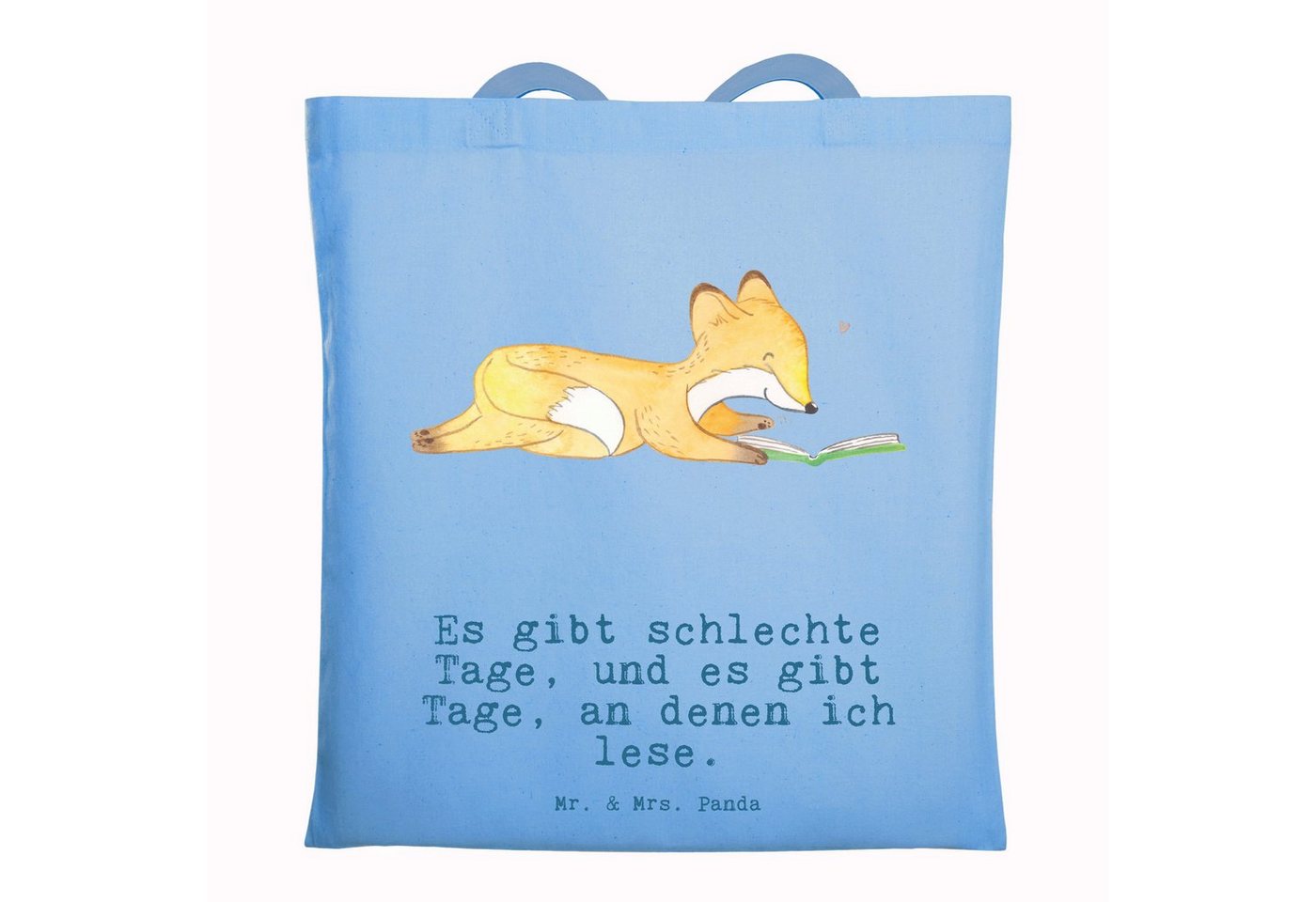 Mr. & Mrs. Panda Tragetasche Fuchs Lesen - Sky Blue - Geschenk, Beutel, Jutebeutel, Einkaufstasche (1-tlg), Modisches Design von Mr. & Mrs. Panda