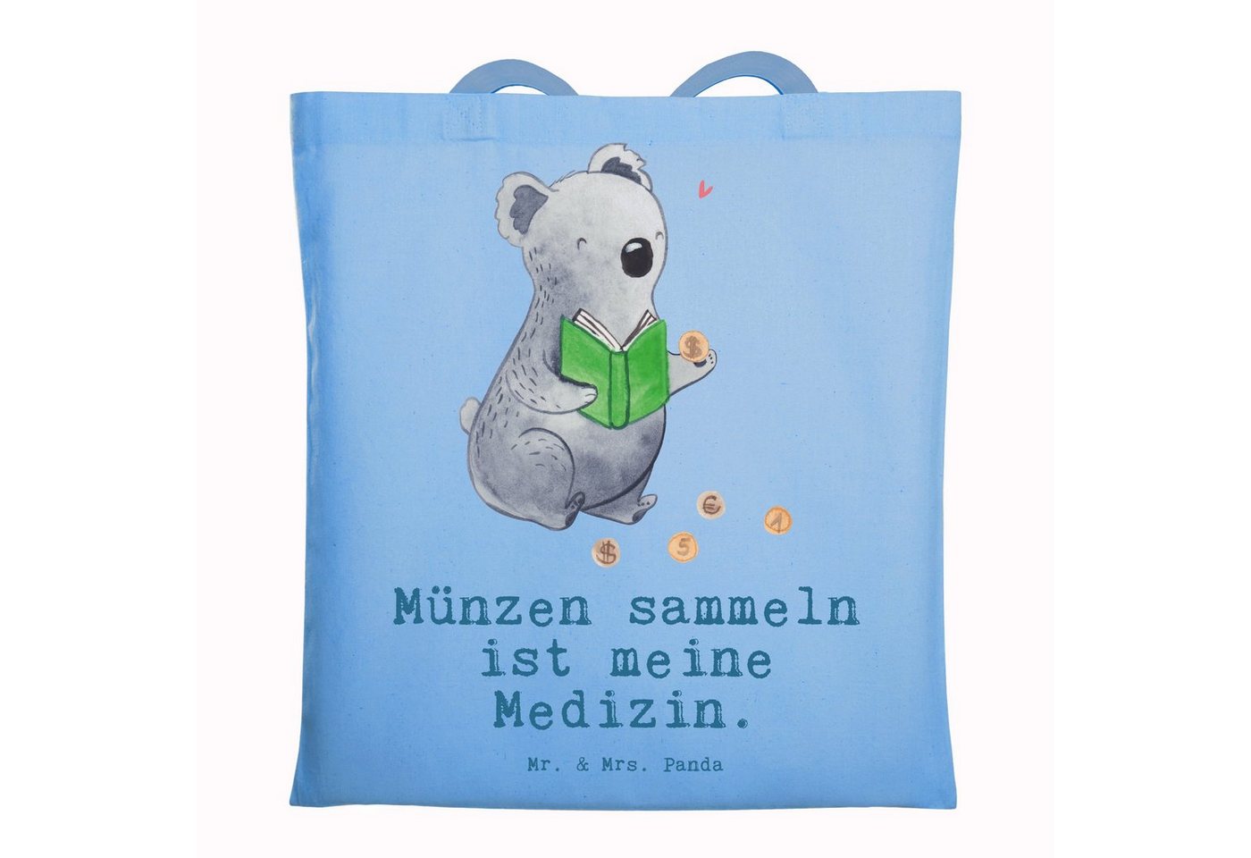 Mr. & Mrs. Panda Tragetasche Koala Münzen sammeln - Sky Blue - Geschenk, Schenken, Jutebeutel, Hob (1-tlg), Modisches Design von Mr. & Mrs. Panda