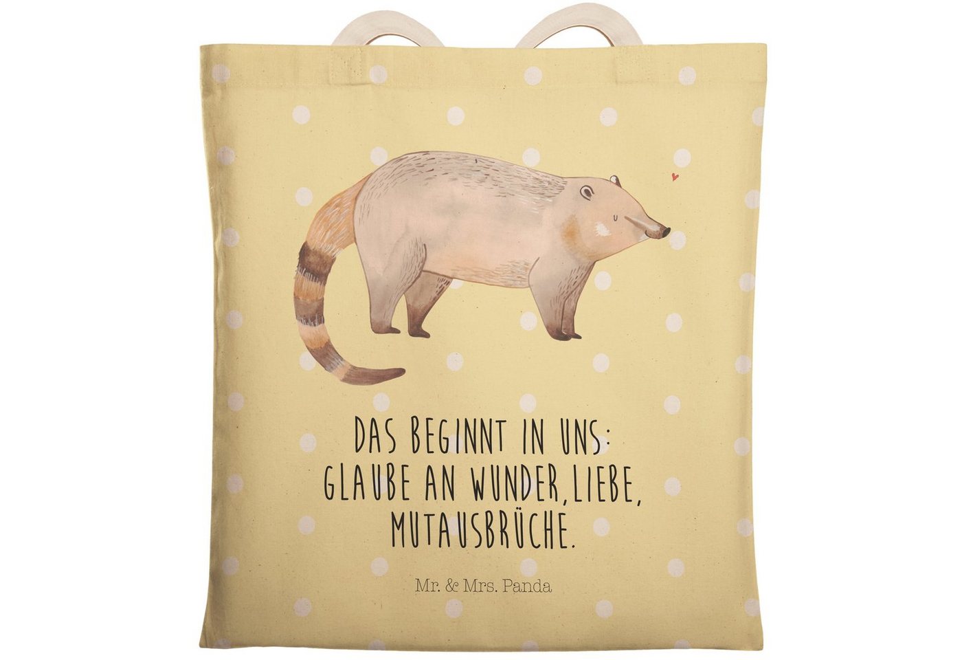 Mr. & Mrs. Panda Tragetasche Nasenbär - Gelb Pastell - Geschenk, Gute Laune, Beutel, lustige Sprüc (1-tlg), Stilvolles Design von Mr. & Mrs. Panda