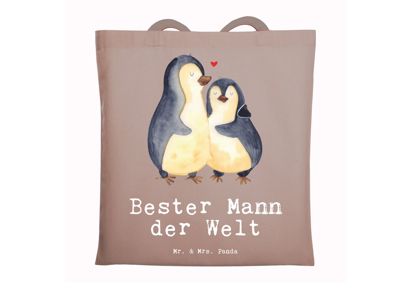 Mr. & Mrs. Panda Tragetasche Pinguin Bester Mann der Welt - Braun Pastell - Geschenk, Gatte, Danke (1-tlg), Design-Highlight von Mr. & Mrs. Panda