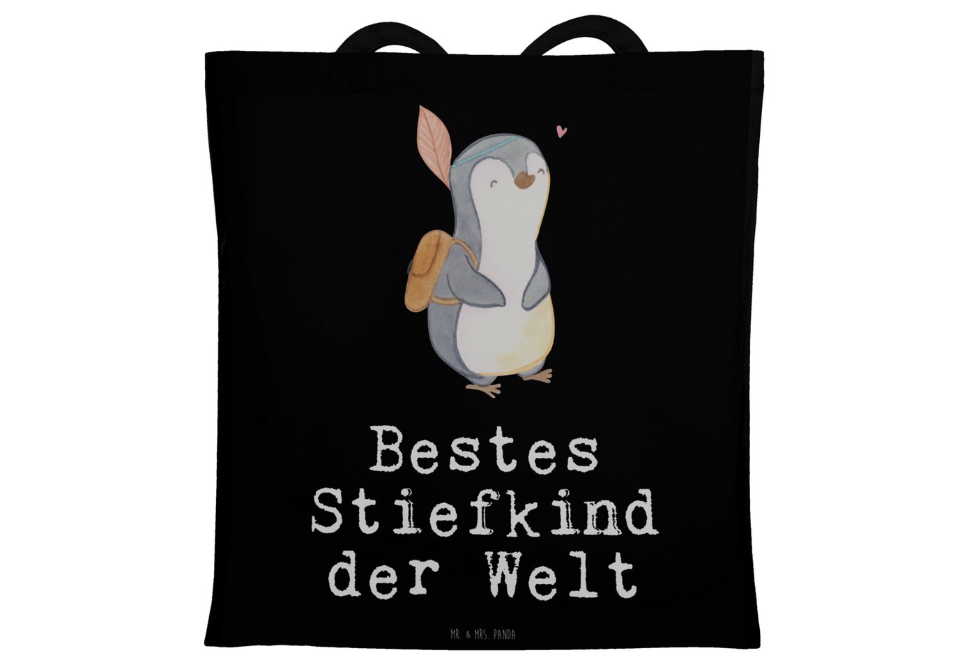 Mr. & Mrs. Panda Tragetasche Pinguin Bestes Stiefkind der Welt - Schwarz - Geschenk, Kinder, Beute (1-tlg), Design-Highlight von Mr. & Mrs. Panda