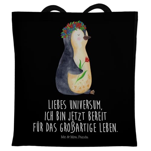 Mr. & Mrs. Panda Tragetasche Pinguin Blumenkranz - Geschenk, Wünsche, Leben, Einkaufstasche, Beuteltasche, Beutel, Stoffbeutel, Motivation, von Mr. & Mrs. Panda