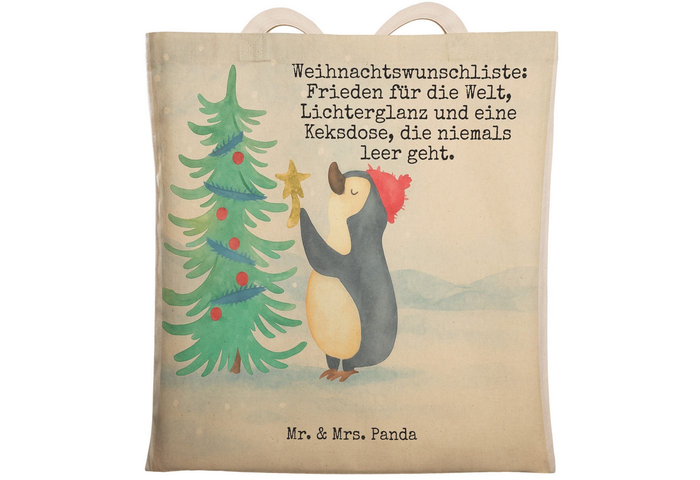 Mr. & Mrs. Panda Tragetasche Pinguin Weihnachtsbaum Design, Schultertasche, Weiß, Winter, Stofftas (Packung, 1-tlg) von Mr. & Mrs. Panda