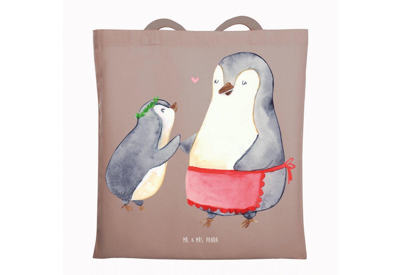 Mr. & Mrs. Panda Tragetasche Pinguin mit Kind - Braun Pastell - Geschenk, Familie, Oma, Bruder, Li (1-tlg), Modisches Design von Mr. & Mrs. Panda