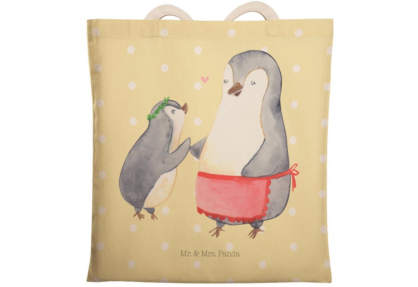 Mr. & Mrs. Panda Tragetasche Pinguin mit Kind - Gelb Pastell - Geschenk, Einkaufstasche, Mutti, Pi (1-tlg), Robust & Belastbar von Mr. & Mrs. Panda