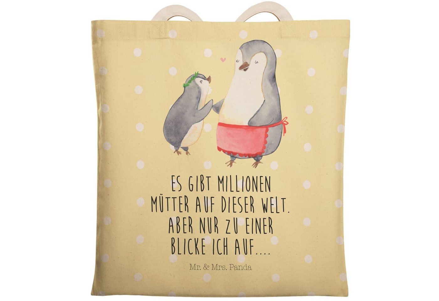 Mr. & Mrs. Panda Tragetasche Pinguin mit Kind - Gelb Pastell - Geschenk, Opa, Mutter, Mami, Traget (1-tlg), Robust & Belastbar von Mr. & Mrs. Panda