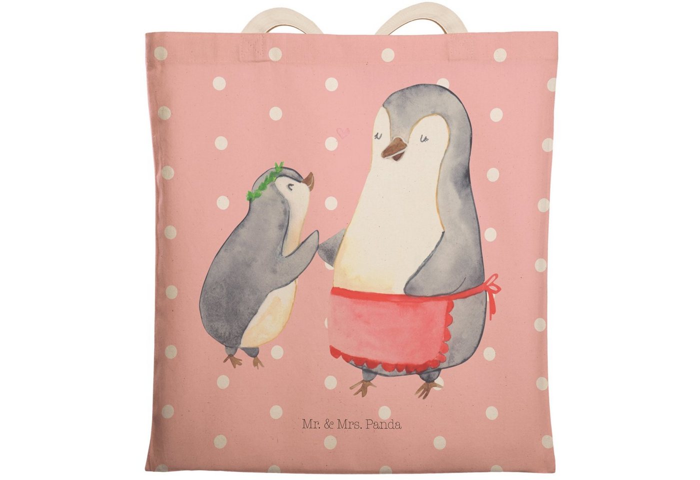 Mr. & Mrs. Panda Tragetasche Pinguin mit Kind - Rot Pastell - Geschenk, Beutel, Muttertag, Trageta (1-tlg), Einzigartig Bedruckt von Mr. & Mrs. Panda