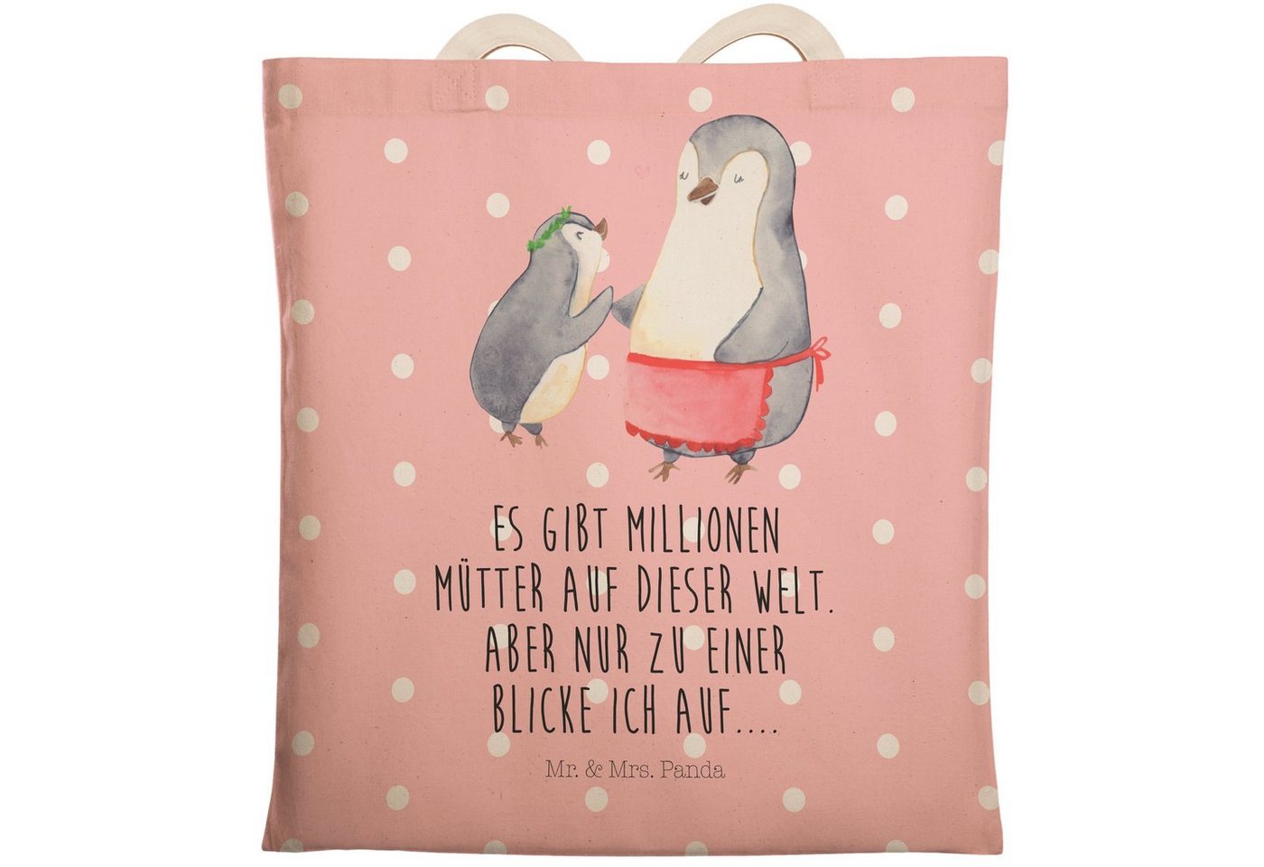 Mr. & Mrs. Panda Tragetasche Pinguin mit Kind - Rot Pastell - Geschenk, Familie, Opa, Mutti, Beute (1-tlg), Stilvolles Design von Mr. & Mrs. Panda