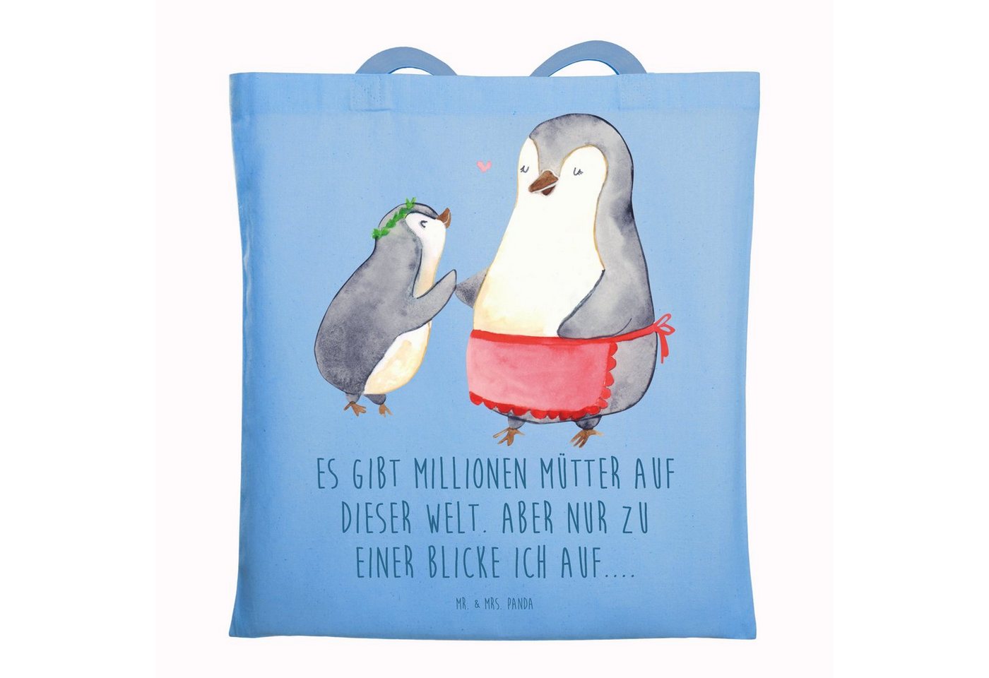 Mr. & Mrs. Panda Tragetasche Pinguin mit Kind - Sky Blue - Geschenk, Mutter, Beuteltasche, Beutel, (1-tlg), Modisches Design von Mr. & Mrs. Panda