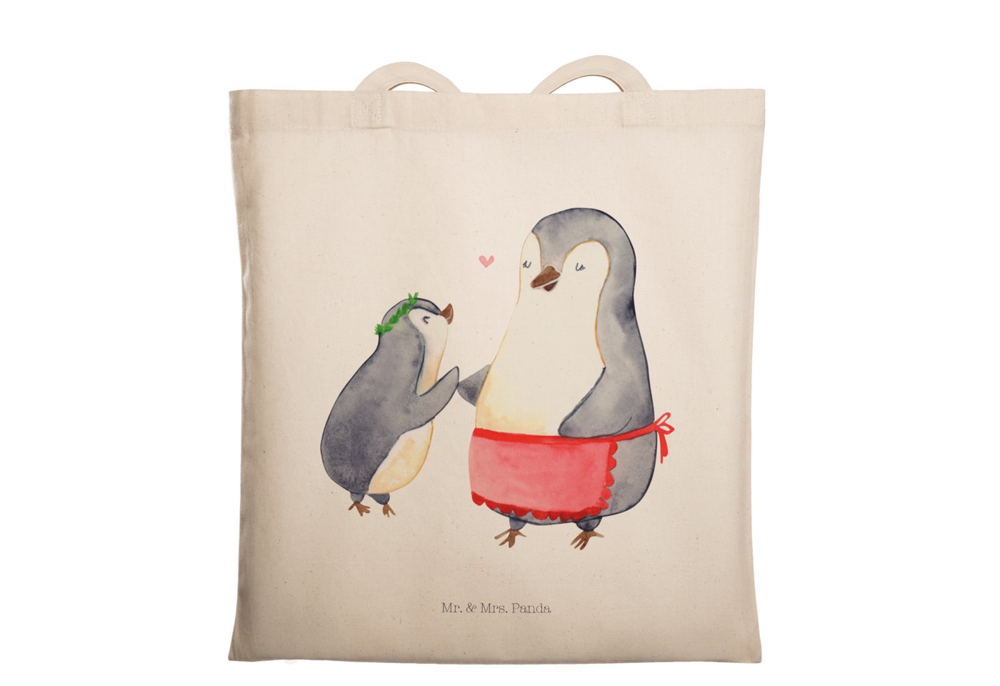 Mr. & Mrs. Panda Tragetasche Pinguin mit Kind - Transparent - Geschenk, Mama, Beuteltasche, Mutti, (1-tlg), Lange Tragegriffe von Mr. & Mrs. Panda