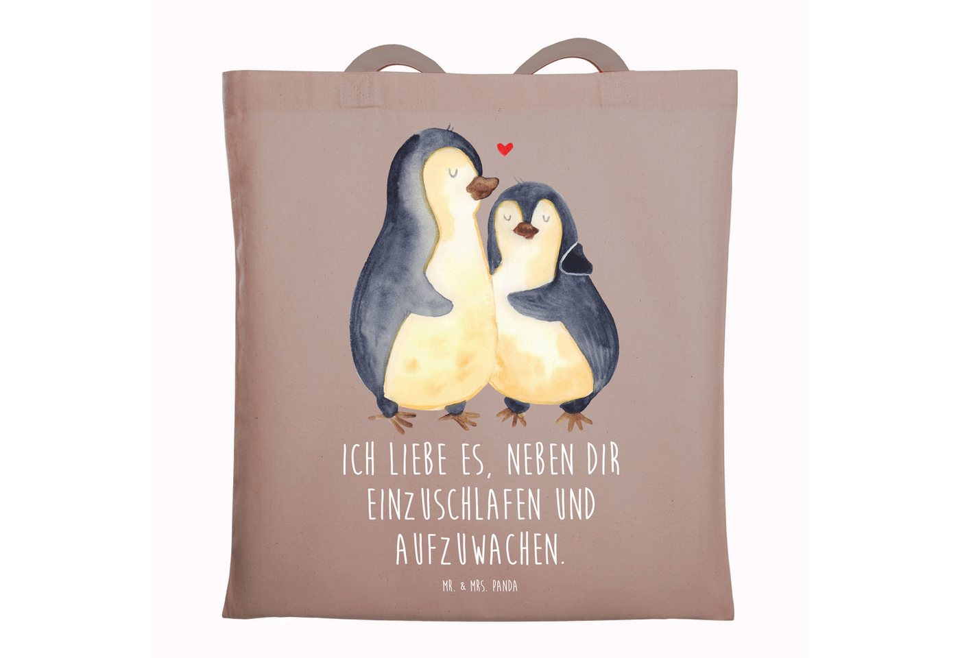 Mr. & Mrs. Panda Tragetasche Pinguine Einschlafen - Braun Pastell - Geschenk, für Männer, Liebesge (1-tlg), Lange Tragegriffe von Mr. & Mrs. Panda