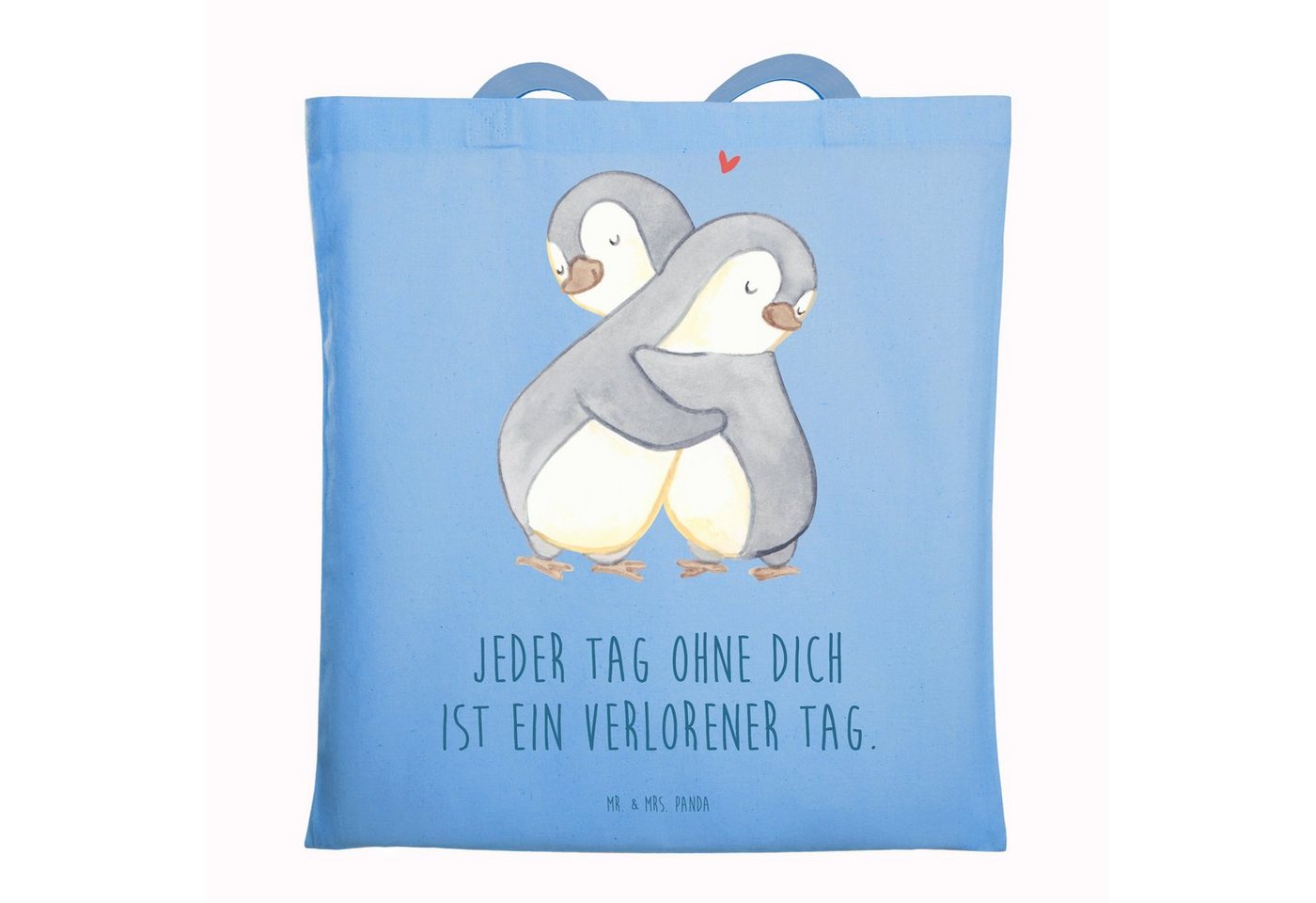 Mr. & Mrs. Panda Tragetasche Pinguine Kuscheln - Sky Blue - Geschenk, für Männer, Freund, Jutebeut (1-tlg), Design-Highlight von Mr. & Mrs. Panda