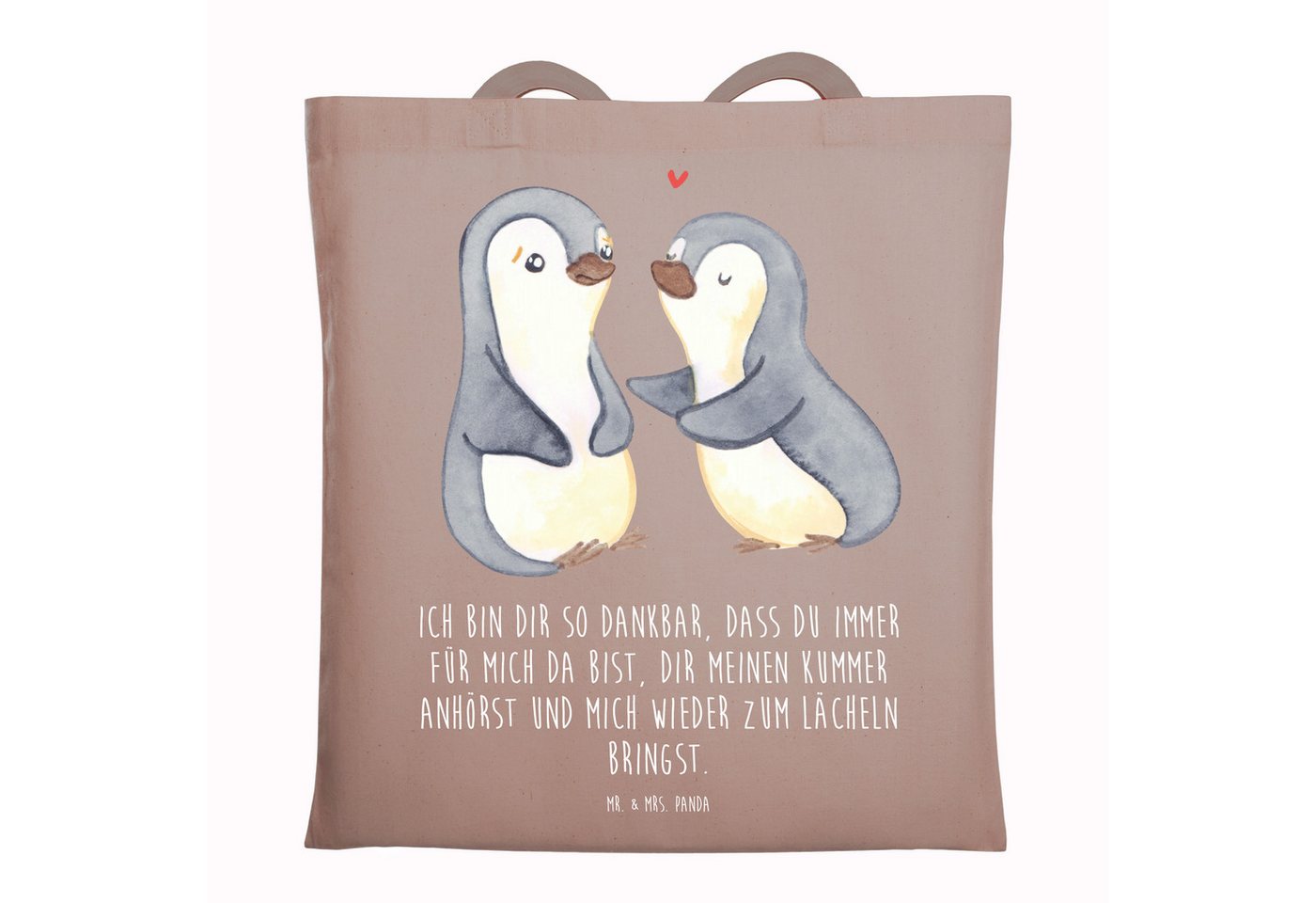 Mr. & Mrs. Panda Tragetasche Pinguine trösten - Braun Pastell - Geschenk, Jahrestag, für Männer, B (1-tlg), Lange Tragegriffe von Mr. & Mrs. Panda