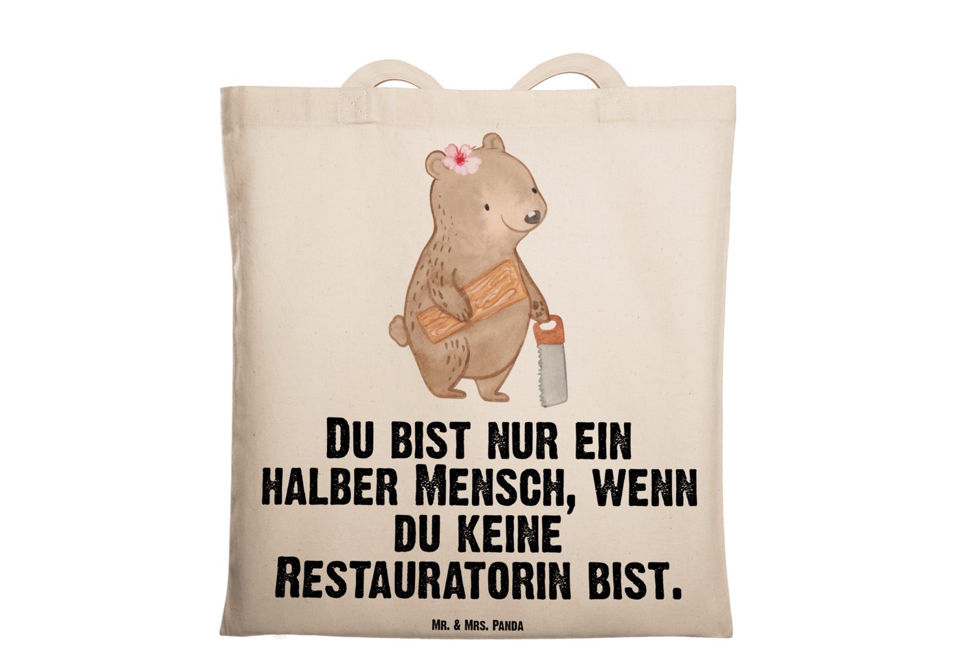 Mr. & Mrs. Panda Tragetasche Restauratorin Herz - Transparent - Geschenk, Stoffbeutel, Arbeitskoll (1-tlg), Design-Highlight von Mr. & Mrs. Panda