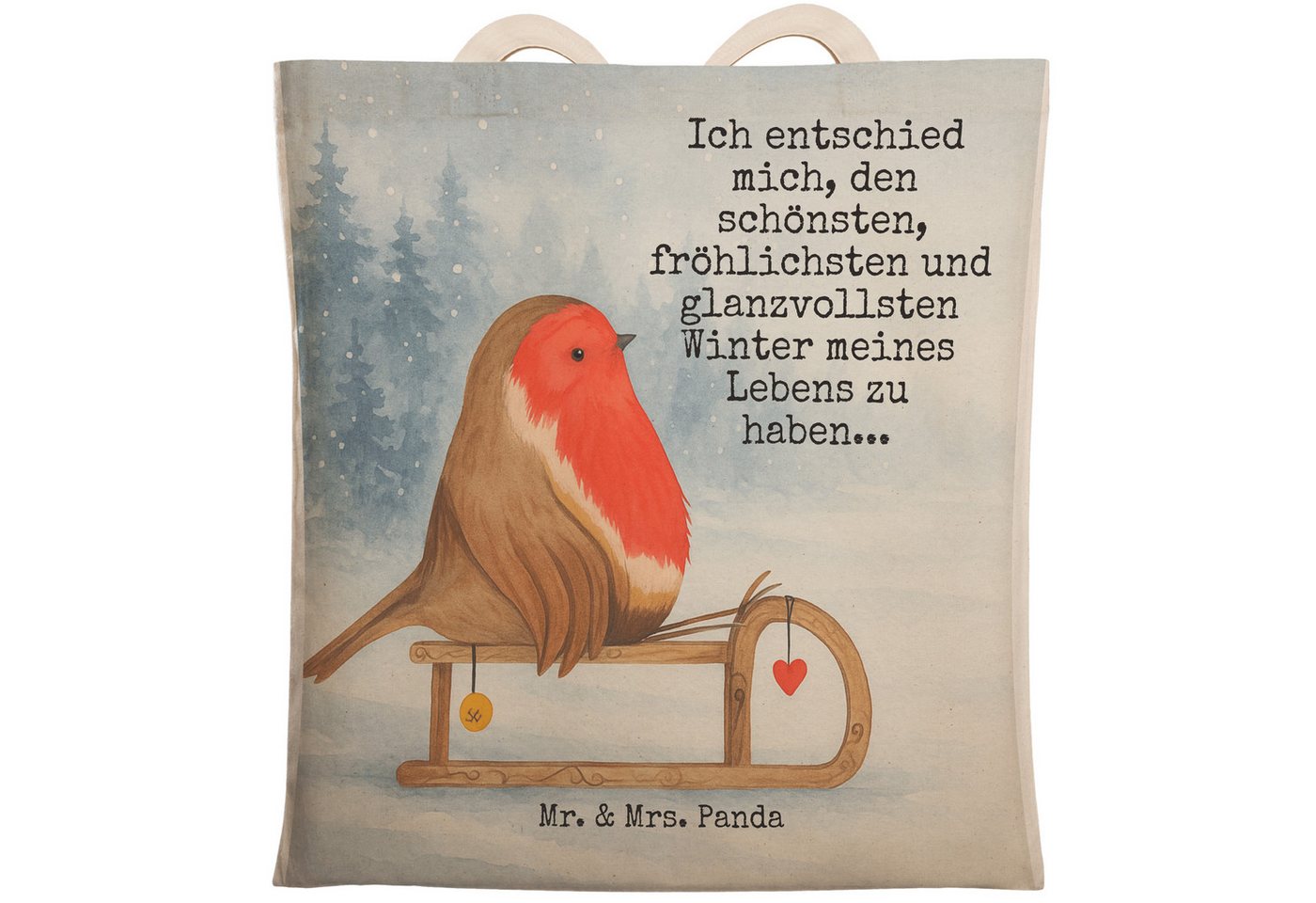 Mr. & Mrs. Panda Tragetasche Rotkehlchen Schlitten Design, Schultertasche, Weiß, Tüte, Stoffbeutel (Packung, 1-tlg) von Mr. & Mrs. Panda